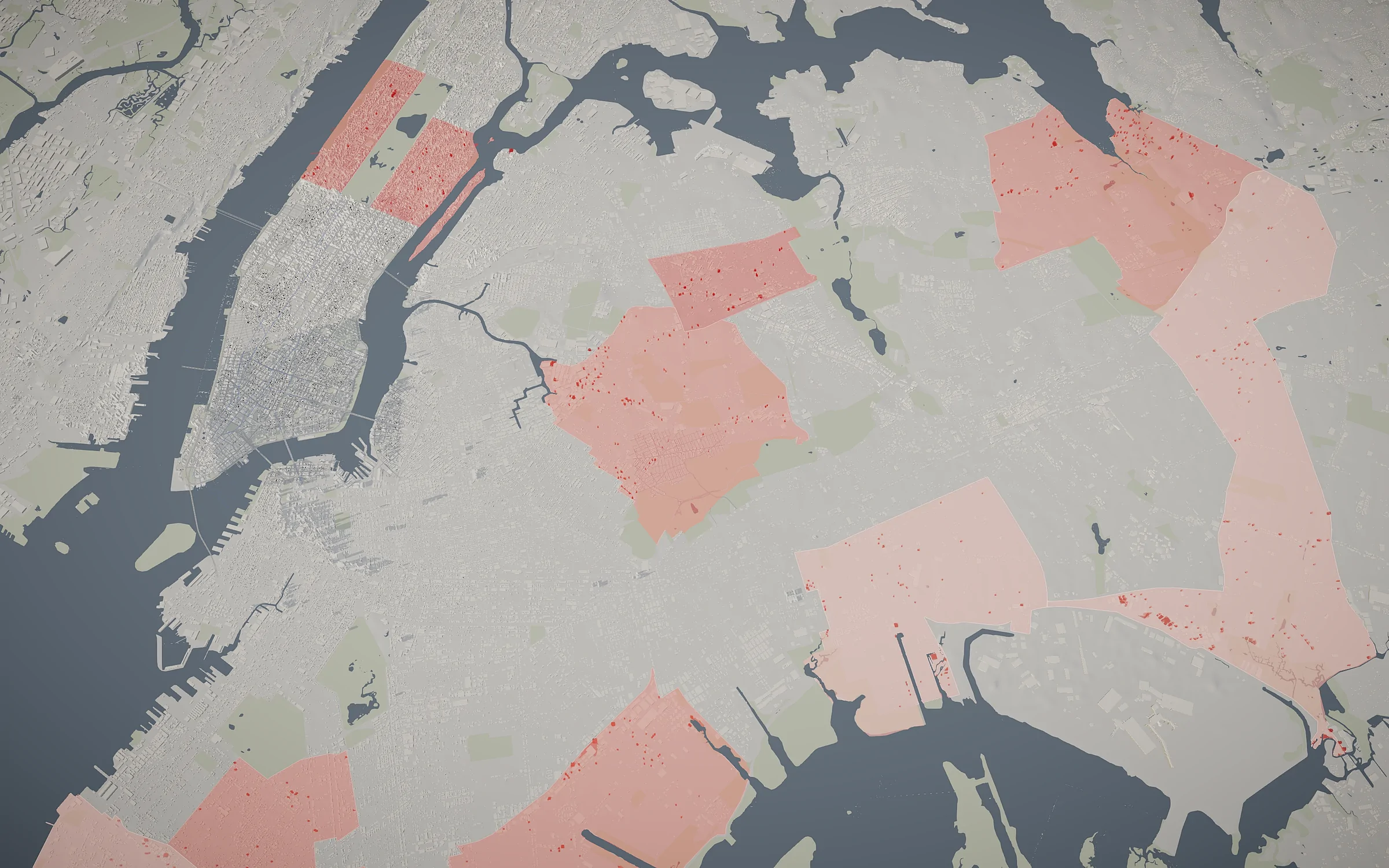 The 12 Fast Track community districts lit in red on the New York model, deeper where more affordable homes were built