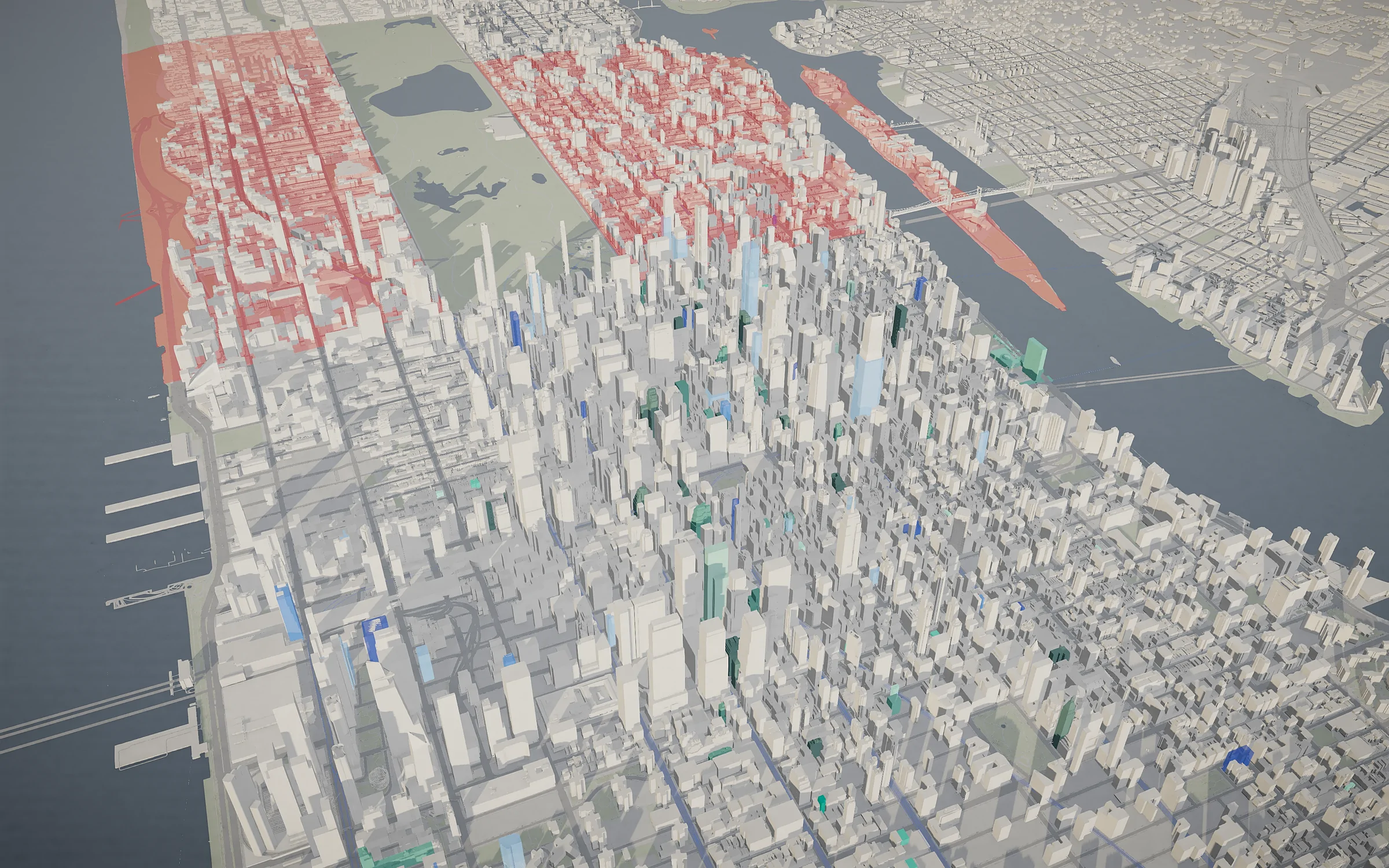 Midtown Manhattan on the model from the southwest: white buildings with their shadows, the towers filed with the city in blue and the year's big sales in teal, Central Park beyond between two Fast Track districts in red